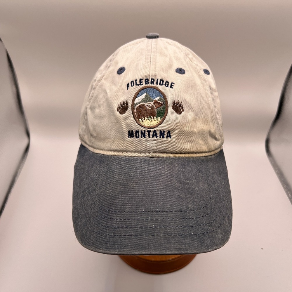 Ouray Sportswear Polebridge Montana Grizzly Bear Hat Tan Blue Cotton 51005